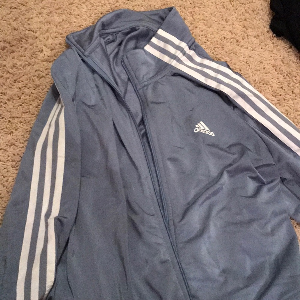 adidas blue and white striped jacket with pockets
